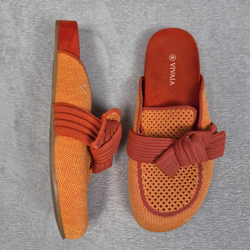 Vivaia Orange Knit Bow Square Toe Mules Slip On Shoes 7- 7.5 Size 38